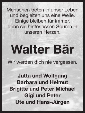 Traueranzeige von Walter Bär von Gesamtausgabe Nürnberger Nachrichten/ Nürnberger Ztg.