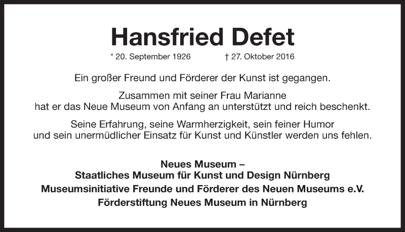 Traueranzeige für Hansfried Defet vom 01.11.2016 aus Gesamtausgabe Nürnberger Nachrichten/ Nürnberger Ztg.