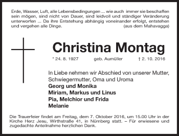 Traueranzeige von Christina Montag von Gesamtausgabe Nürnberger Nachrichten/ Nürnberger Ztg.