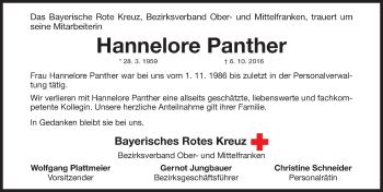 Traueranzeige von Hannelore Panther von Gesamtausgabe Nürnberger Nachrichten/ Nürnberger Ztg.