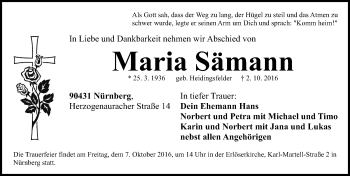 Traueranzeige von Maria Sämann von Gesamtausgabe Nürnberger Nachrichten/ Nürnberger Ztg.