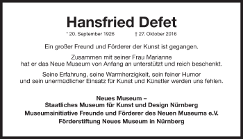 Traueranzeige von Hansfried Defet von Gesamtausgabe Nürnberger Nachrichten/ Nürnberger Ztg.