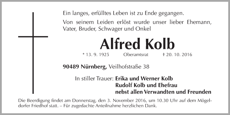  Traueranzeige für Alfred Kolb vom 29.10.2016 aus Gesamtausgabe Nürnberger Nachrichten/ Nürnberger Ztg.