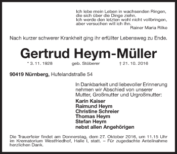 Traueranzeige von Gertrud Heym-Müller von Gesamtausgabe Nürnberger Nachrichten/ Nürnberger Ztg.