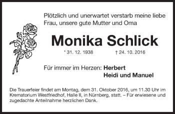 Traueranzeige von Monika Schlick von Gesamtausgabe Nürnberger Nachrichten/ Nürnberger Ztg.