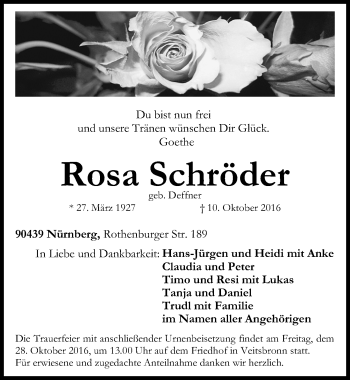 Traueranzeige von Rosa Schröder von Gesamtausgabe Nürnberger Nachrichten/ Nürnberger Ztg.