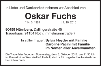 Traueranzeige von Oskar Fuchs von Gesamtausgabe Nürnberger Nachrichten/ Nürnberger Ztg.