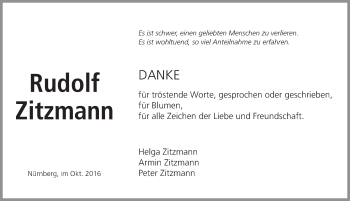 Traueranzeige von Rudolf Johann Zitzmann von Gesamtausgabe Nürnberger Nachrichten/ Nürnberger Ztg.