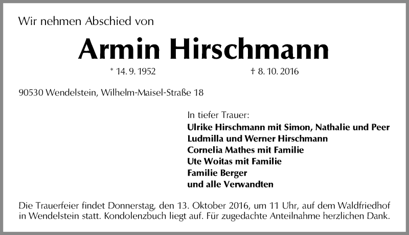  Traueranzeige für Armin Hirschmann vom 12.10.2016 aus Schwabach