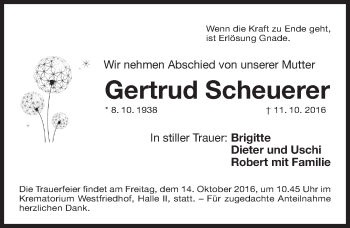 Traueranzeige von Gertrud Scheuerer von Gesamtausgabe Nürnberger Nachrichten/ Nürnberger Ztg.