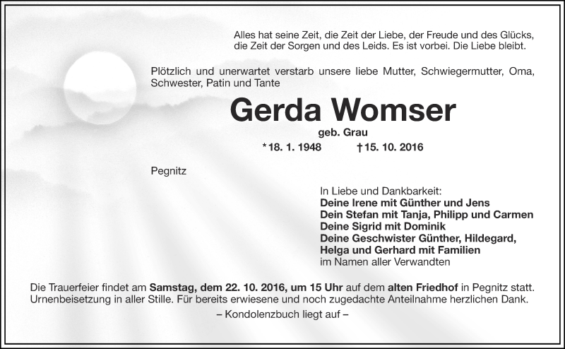 Traueranzeige für Gerda Womser vom 19.10.2016 aus Nordbayer. Nachrichten Pegnitz/ Nordbayer. Nachrichten Forchheim