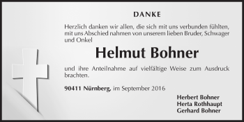 Traueranzeige von Helmut Bohner von Gesamtausgabe Nürnberger Nachrichten/ Nürnberger Ztg.