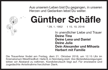 Traueranzeige von Günther Schäfle von Gesamtausgabe Nürnberger Nachrichten/ Nürnberger Ztg.