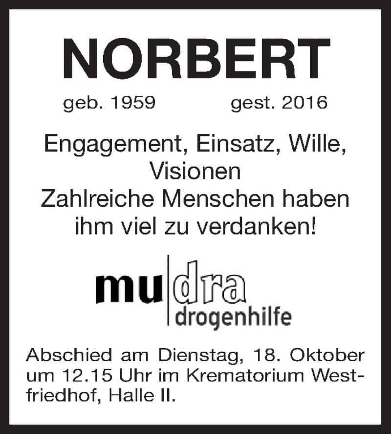  Traueranzeige für Norbert  vom 17.10.2016 aus Gesamtausgabe Nürnberger Nachrichten/ Nürnberger Ztg.
