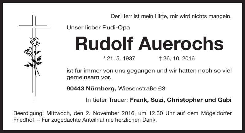  Traueranzeige für Rudolf Auerochs vom 29.10.2016 aus Gesamtausgabe Nürnberger Nachrichten/ Nürnberger Ztg.