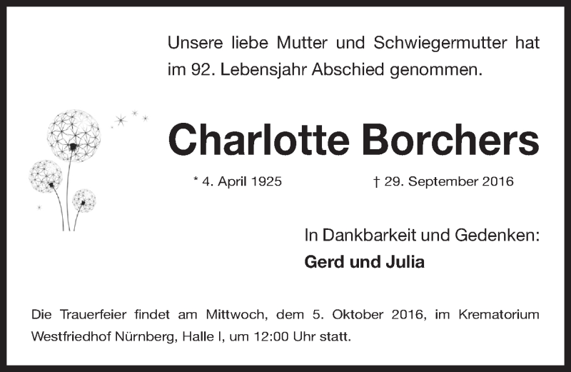  Traueranzeige für Charlotte Borchers vom 03.10.2016 aus Gesamtausgabe Nürnberger Nachrichten/ Nürnberger Ztg.