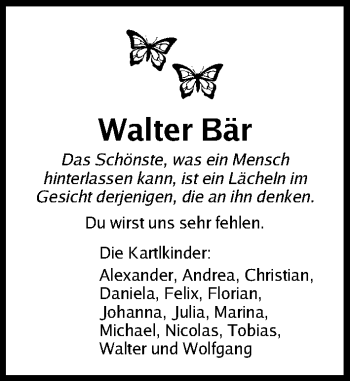 Traueranzeige von Walter Bär von Gesamtausgabe Nürnberger Nachrichten/ Nürnberger Ztg.