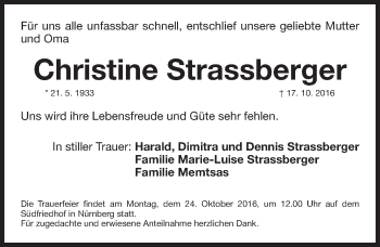 Traueranzeige von Christine Strassberger von Gesamtausgabe Nürnberger Nachrichten/ Nürnberger Ztg.