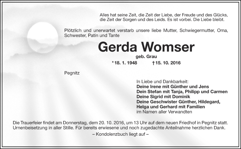  Traueranzeige für Gerda Womser vom 18.10.2016 aus Nordbayer. Nachrichten Pegnitz/ Nordbayer. Nachrichten Forchheim