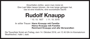 Traueranzeige von Rudolf Knaupp von Gesamtausgabe Nürnberger Nachrichten/ Nürnberger Ztg.