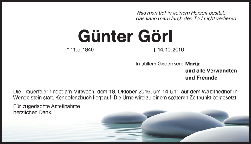  Traueranzeige für Günter Görl vom 17.10.2016 aus Schwabach