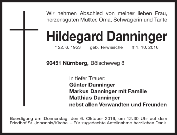 Traueranzeige von Hildegard Danninger von Gesamtausgabe Nürnberger Nachrichten/ Nürnberger Ztg.