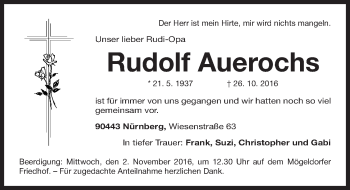 Traueranzeige von Rudolf Auerochs von Gesamtausgabe Nürnberger Nachrichten/ Nürnberger Ztg.
