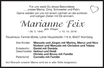 Traueranzeige von Marianne Feix von Gesamtausgabe Nürnberger Nachrichten/ Nürnberger Ztg.