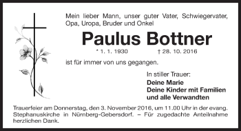 Traueranzeige von Paulus Bottner von Gesamtausgabe Nürnberger Nachrichten/ Nürnberger Ztg.