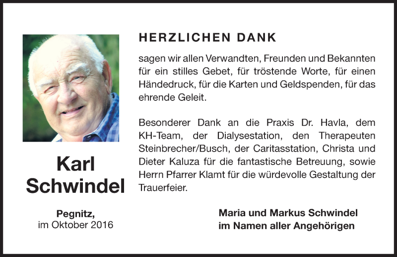  Traueranzeige für Karl Schwindel vom 08.10.2016 aus Nordbayerische Nachrichten Pegnitz Lokal
