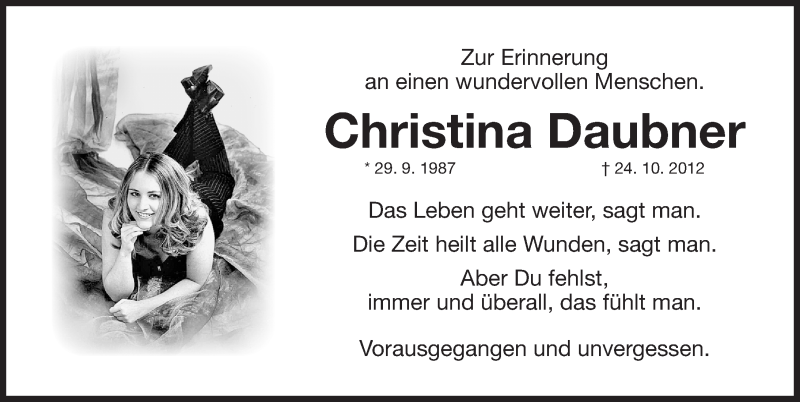  Traueranzeige für Christina Daubner vom 24.10.2016 aus Neumarkter Nachrichten Lokal