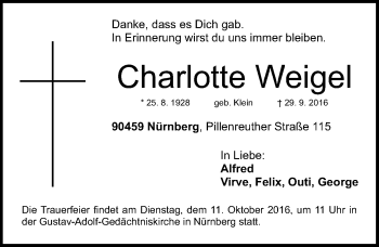 Traueranzeige von Charlotte Weigel von Gesamtausgabe Nürnberger Nachrichten/ Nürnberger Ztg.