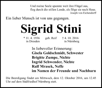 Traueranzeige von Sigrid Stini von Gesamtausgabe Nürnberger Nachrichten/ Nürnberger Ztg.
