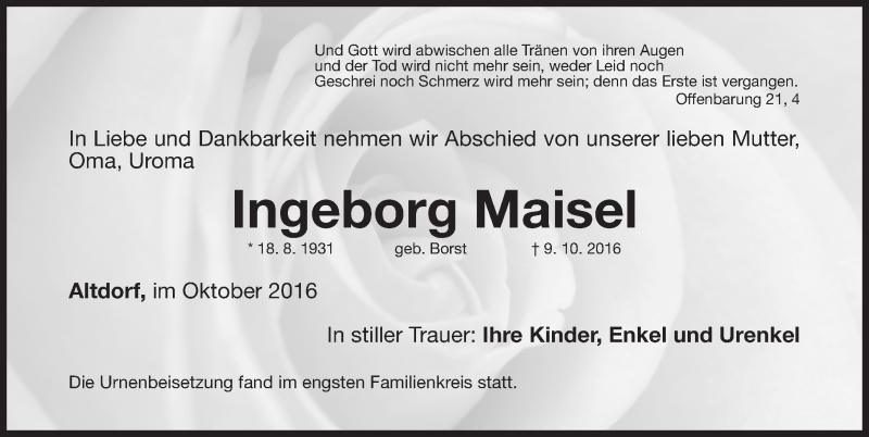  Traueranzeige für Ingeborg Maisel vom 29.10.2016 aus Gesamtausgabe Nürnberger Nachrichten/ Nürnberger Ztg.