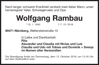 Traueranzeige von Wolfgang Rambau von Gesamtausgabe Nürnberger Nachrichten/ Nürnberger Ztg.