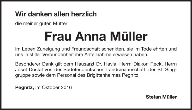  Traueranzeige für Anna Müller vom 22.10.2016 aus Nordbayerische Nachrichten Pegnitz Lokal