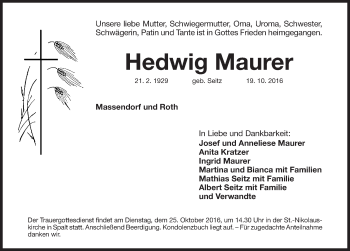 Traueranzeige von Hedwig Maurer von Roth-Hilpoltsteiner Volkszeitung Lokal