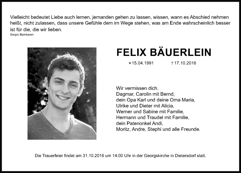  Traueranzeige für Felix Bäuerlein vom 24.10.2016 aus Schwabach