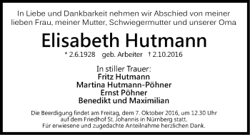 Traueranzeige von Elisabeth Hutmann von Gesamtausgabe Nürnberger Nachrichten/ Nürnberger Ztg.