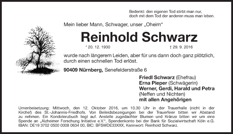  Traueranzeige für Reinhold Schwarz vom 08.10.2016 aus Gesamtausgabe Nürnberger Nachrichten/ Nürnberger Ztg.