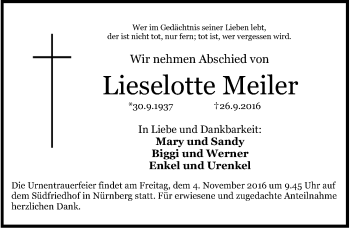 Traueranzeige von Lieselotte Meiler von Gesamtausgabe Nürnberger Nachrichten/ Nürnberger Ztg.