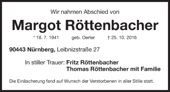 Traueranzeige von Margot Röttenbacher von Gesamtausgabe Nürnberger Nachrichten/ Nürnberger Ztg.
