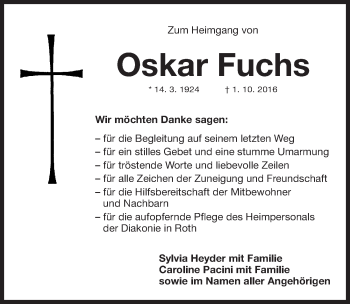 Traueranzeige von Oskar Fuchs von Gesamtausgabe Nürnberger Nachrichten/ Nürnberger Ztg.