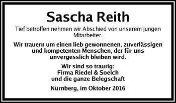 Traueranzeige von Sascha Reith von Gesamtausgabe Nürnberger Nachrichten/ Nürnberger Ztg.