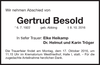 Traueranzeige von Gertrud Besold von Gesamtausgabe Nürnberger Nachrichten/ Nürnberger Ztg.