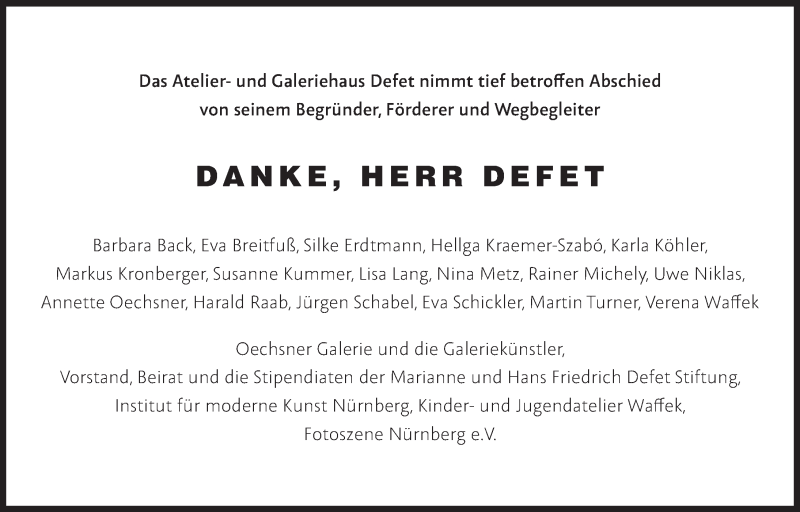  Traueranzeige für Hansfried Defet vom 01.11.2016 aus Gesamtausgabe Nürnberger Nachrichten/ Nürnberger Ztg.