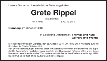 Traueranzeige von Grete Rippel von Gesamtausgabe Nürnberger Nachrichten/ Nürnberger Ztg.