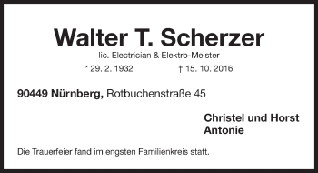 Traueranzeige von Walter T. Scherzer von Gesamtausgabe Nürnberger Nachrichten/ Nürnberger Ztg.