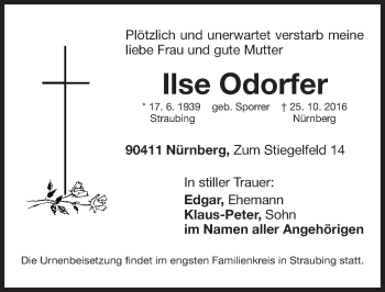 Traueranzeige von Ilse Odorfer von Gesamtausgabe Nürnberger Nachrichten/ Nürnberger Ztg.