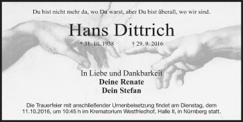Traueranzeige von Hans Dittrich von Gesamtausgabe Nürnberger Nachrichten/ Nürnberger Ztg.